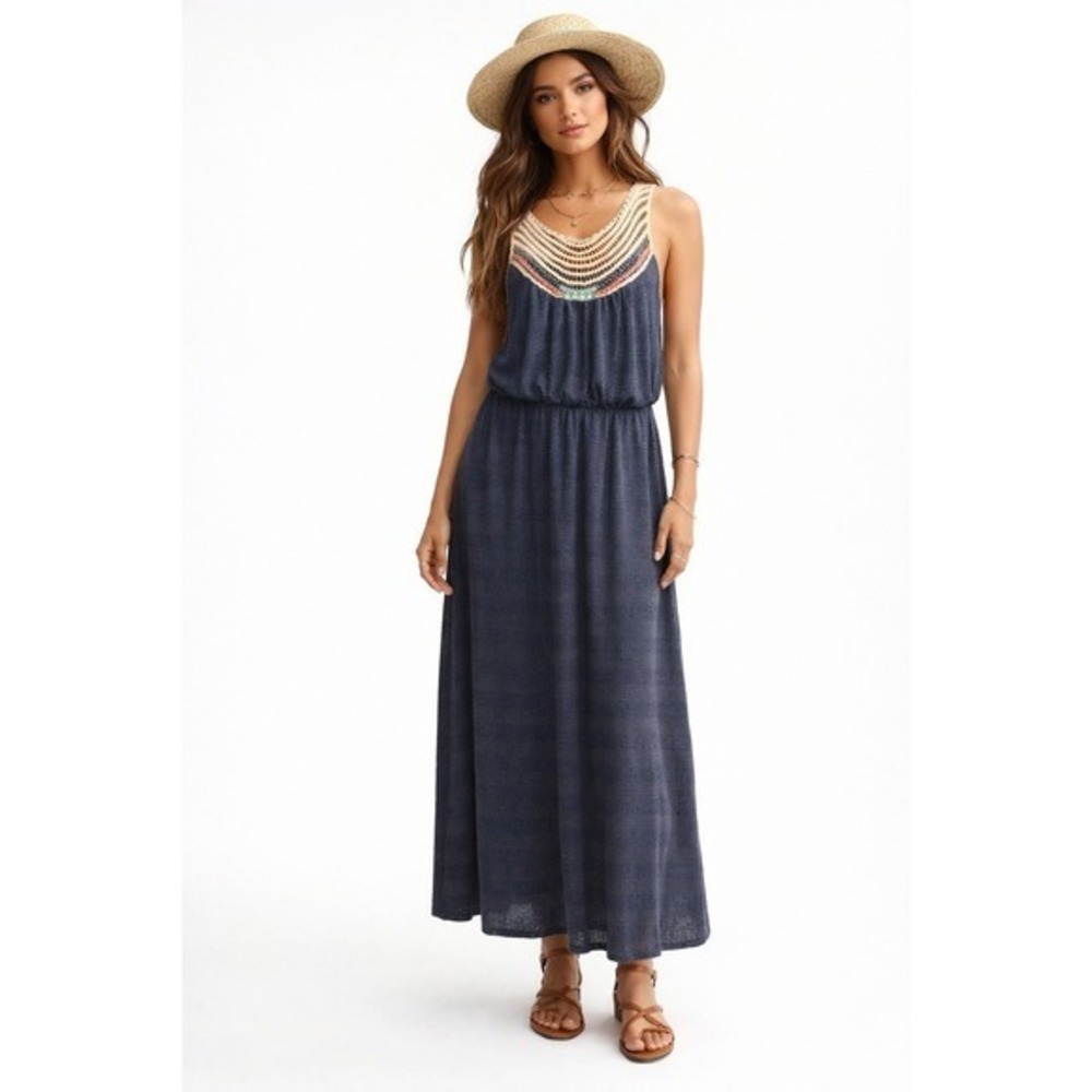 Sage Crochet Neck Maxi Dress Boho Blue Knit Open Back Festival Small‎